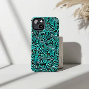 Turquoise Tooled Leather Western Phone Case for IP Phone 17 16 15 14 13 12 11 Pro Max Plus Mini X XR XS | Floral Carved Print | Cowboy Rodeo Aesthetic Tough Protective Cover