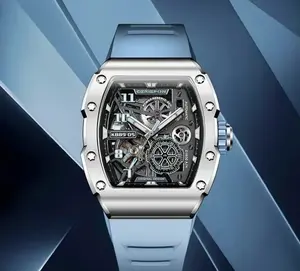 Black hollowed out mechanical dial, white rubber bezel, 41mm, blue rubber strap, sports mechanical watch