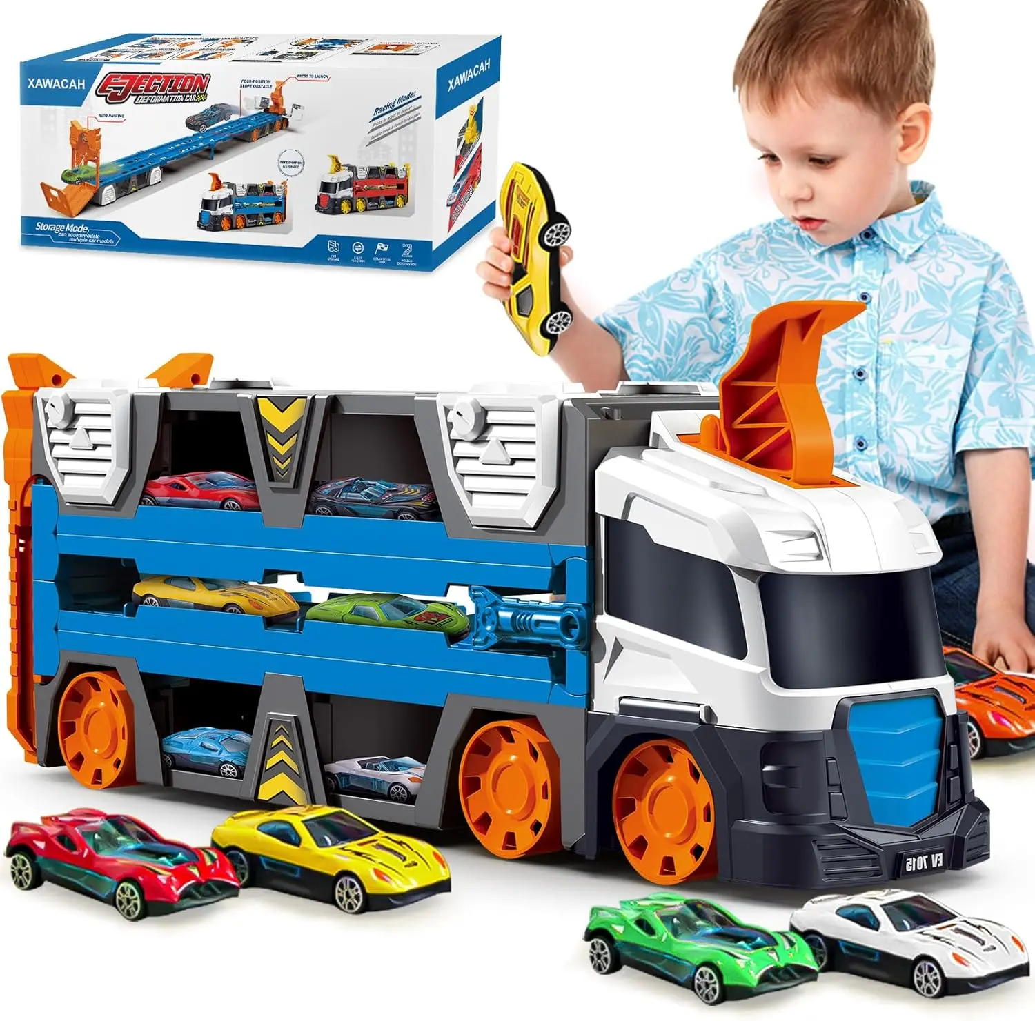 Foldable Race Track Truck Toy with 4ft Tracks, 6 Ejection Cars, Elastic Launch Button, Catapulting & Shooting Features - Kids 3-4 Years Transporter Carrier, Children Development Toy, Perfect Gift for Race Car Launching Game & Hands-On Opportunities