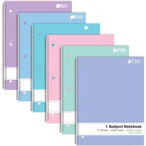 Spiral Notebooks, 6 Pack, 1 Subject, 70 Sheets, 10.5 x 8 inches, 6 Assorted Pastel Colors (Wide Ruled)
