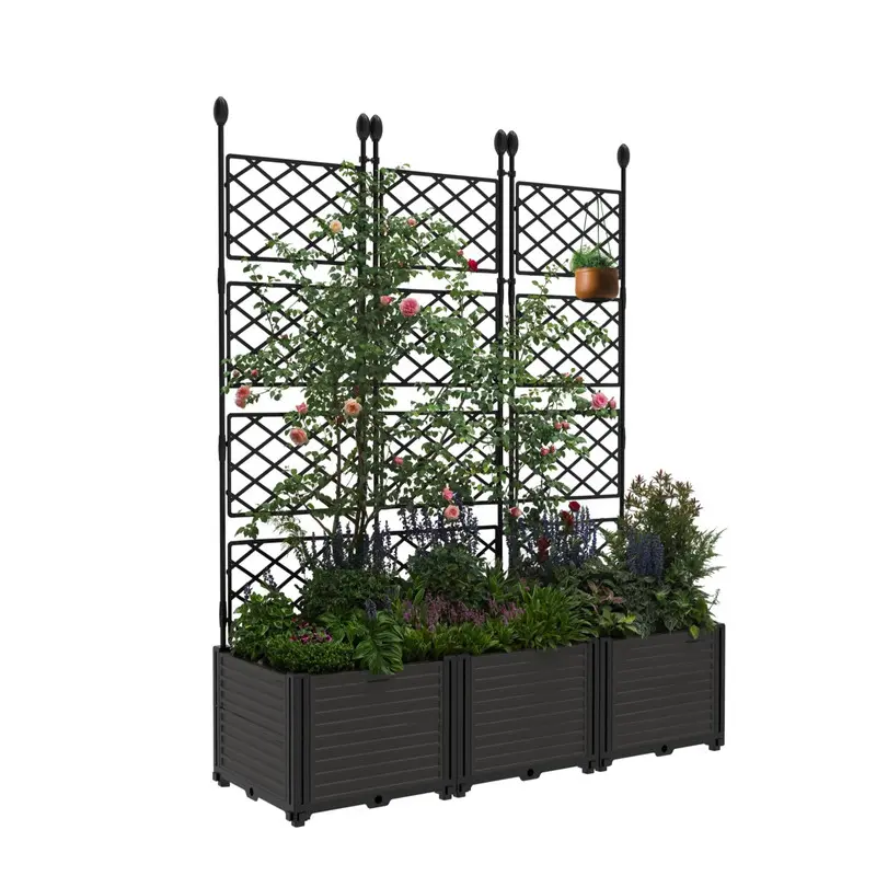 3 PCS Plastic Planter Box with Trellis, Lockable Wheels & Drainage for Patio, Balcony Tomatoes, Flowers, Herbs Weather-Resistant Resin Outdoor Decor