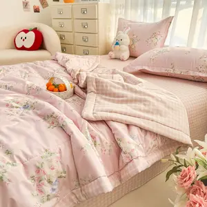 Spring Cherry Blossom Simple Summer Cool Blanket, Breathable Sweat-Wicking Washable Air Conditioning Thin Bedding, Home Bedroom Rental Style Bed Linen