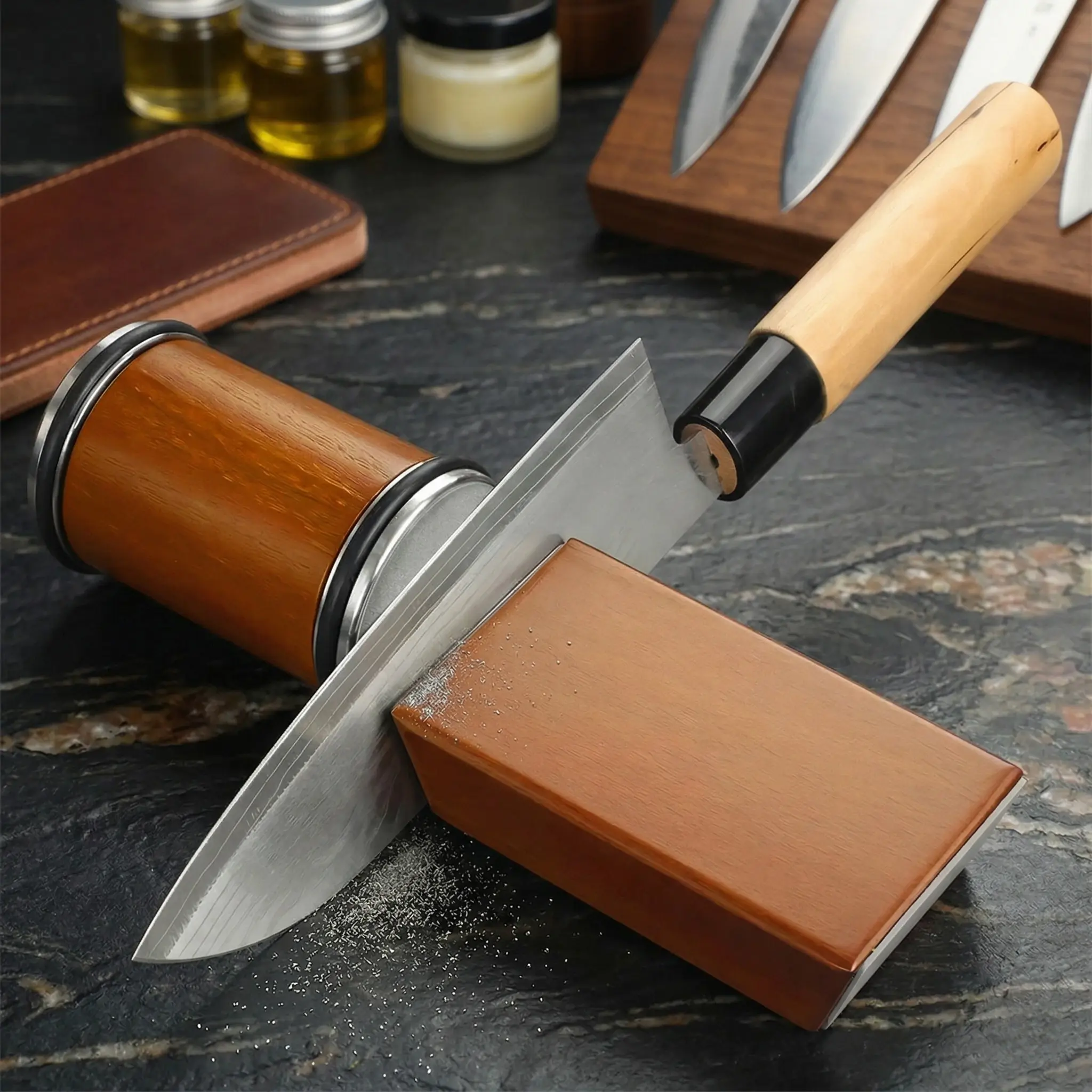Professional Magnetic Rolling Wooden Whetstone Set, Multi-Functional Home Kitchen Knife Sharpener, Portable Outdoor Tool, Efficient DIY Repair Essential