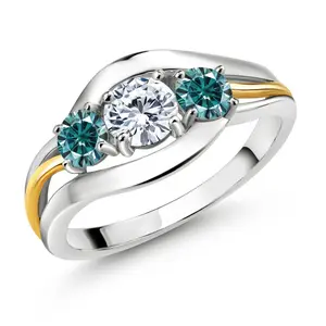925 Silver and 10K Yellow Gold 3-Stone Ring Round Blue Moissanite and Lab Grown Diamond G/H (1.04 Cttw)