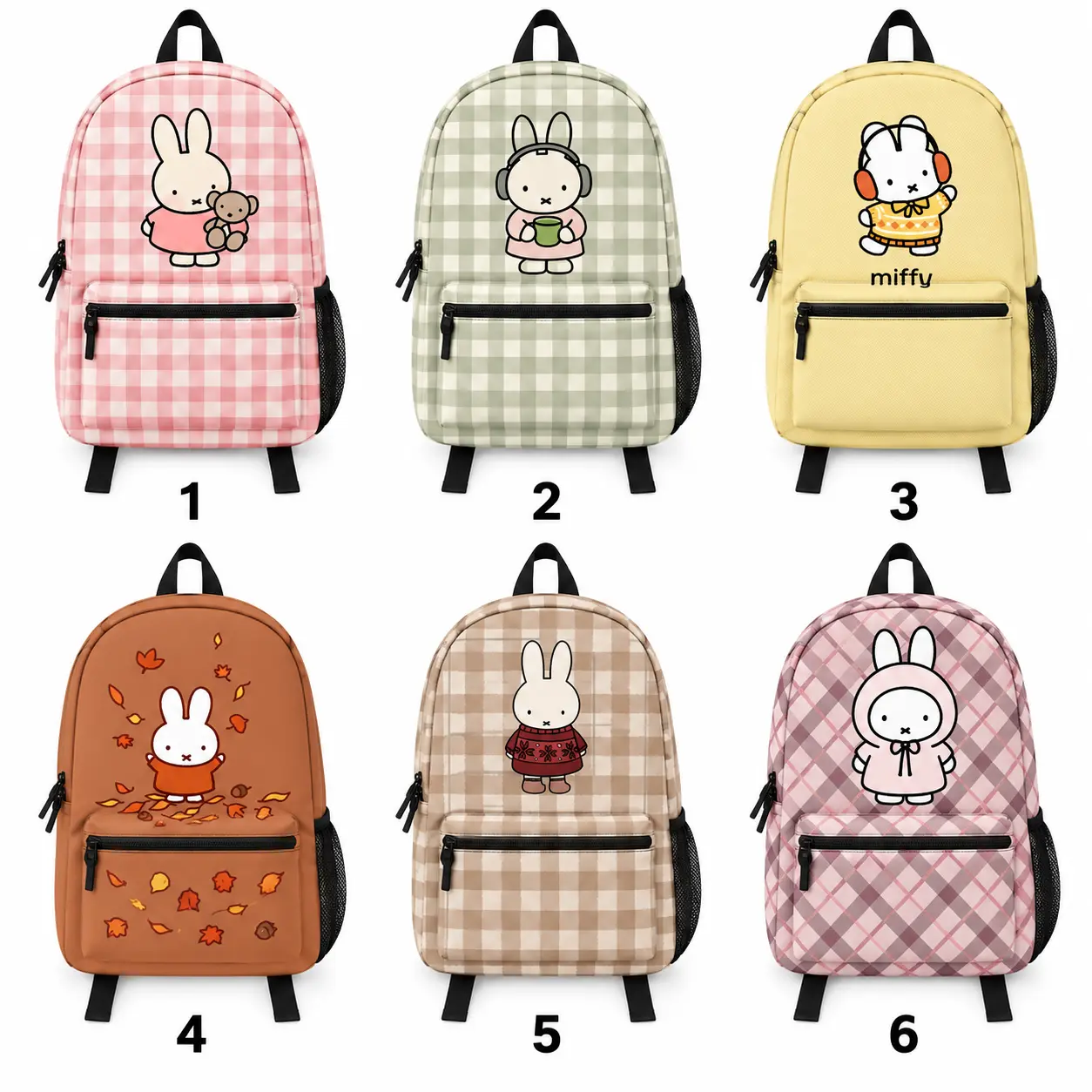 Cute Bunny Miffy Backpack for Girls, Pastel Plaid School Bag, Kawaii Rabbit Bookbag