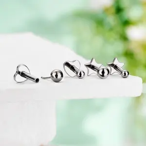 Oufer 16G Titanium Threadless Ball Top With Star/Heart Flat Back Cartilage Lip Stud