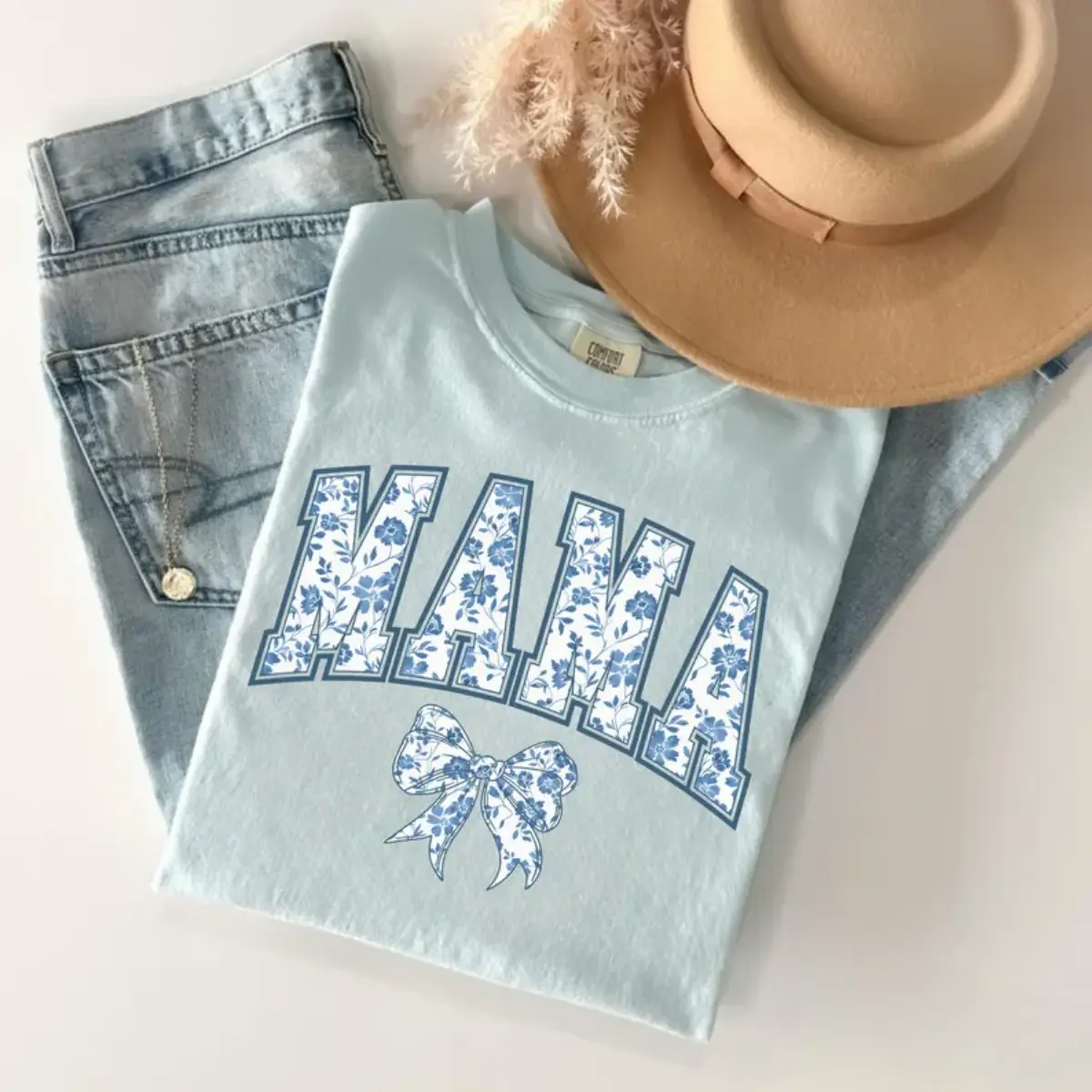 Mama Tshirt, Blue Ribbon Top Shirt, Mothers Day Gift, Girly Aesthetic Gift For Mom, Bow Shirt, Chinoiserie Graphic Tees