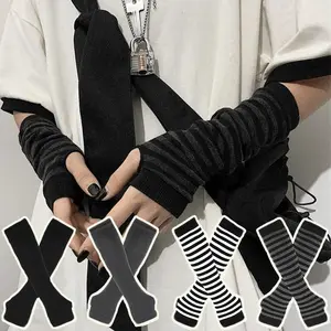 Y2K Gothic Punk Style Arm Sleeves - Black & Gray Striped Long Sleeve Cuffs, Warm & Stylish Unisex Winter Arm Warmers with Elastic Fit, Perfect for Casual Attire, Casual Attire Accessory |   Gothic Punk Style |   Nylon Arm Sleeves