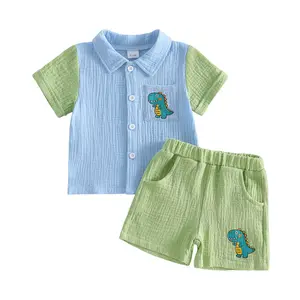 Toddler Boys Summer Outfits Dinosaur Print Pocket Patchwork Button Down Short Sleeve Shirt Elastic Waist Shorts 2Pcs Clothes Set