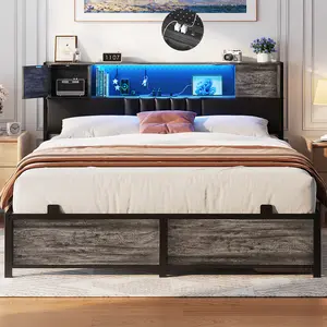 Cyclysio King/Queen/Full Size Bed Frame with LED Light and Upholstered Storage Headboard, Metal Platform LED Bed Frame with Charging Station, No Box Spring Needed, Easy Assembly, Noise-Free, Black Oak, Furniture, Bed Frames For Queen
