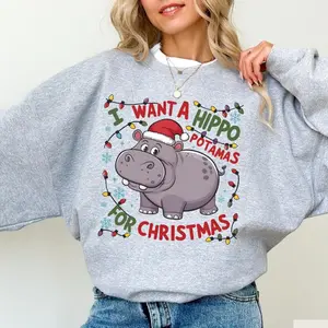 I Want A Hippopotamus For Christmas Sweatshirt, Hippo Christmas Lights Sweater, Christmas Hippopotamus Tshirt, Cute Christmas Party Shirts