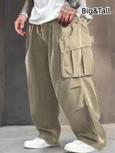 【Plus Size】 Men's Solid Color Pocket Drawstring Waist Cargo Pants, Casual Street Fashion Comfy Regular Fit Trousers for Daily Wear, Men's Bottoms for All Seasons, Casual Streetwear Pants