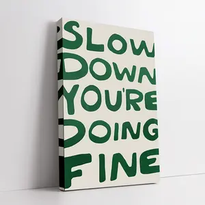 1 Piece Framed Canvas Wall Art ​     – "Slow Down, You're Doing Great" motivational quote, green and white minimalist aesthetic poster, high-quality canvas, vintage-style dorm room decor, bedroom wall art, positive affirmation home decoration, inspiration