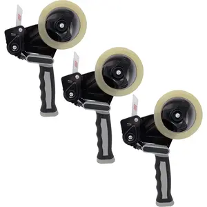 Tape Dispenser Gun with Packing Tape Included and Rubberized Handle (Pack of 3) (Black-Gray)