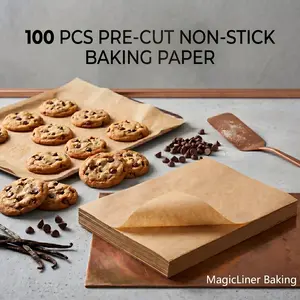 Unbleached brown or white biodegradable silicone baking paper, 100 sheets pre-cut, non-stick, oil-resistant, waterproof, thickened pads (9×13 inches / 23×33 cm, 12×16 inches / 30×40 cm), suitable for baking pans, air fryers, and home kitchen food use.