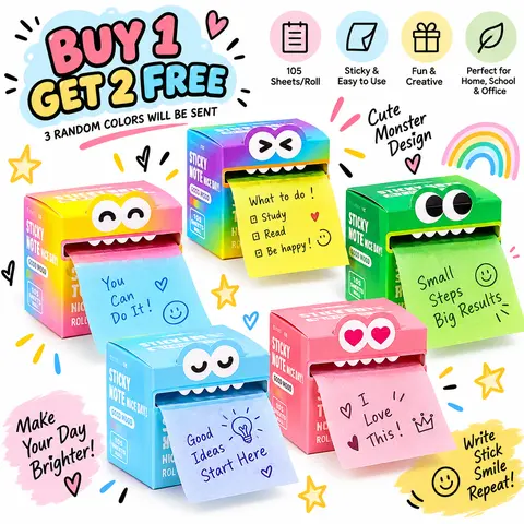 Halloween fall Gifts 3 PACK  DESIGN Cute Monster Pattern Sticky Note 105 Sheets Roll Funny Pastel Animal Post It Notes Self Adhesive Cartoon Memo Pads Vibrant Gradient Design Easy Memo Pads Buy 1 Get 1 Free 2 Colors Will Be Send