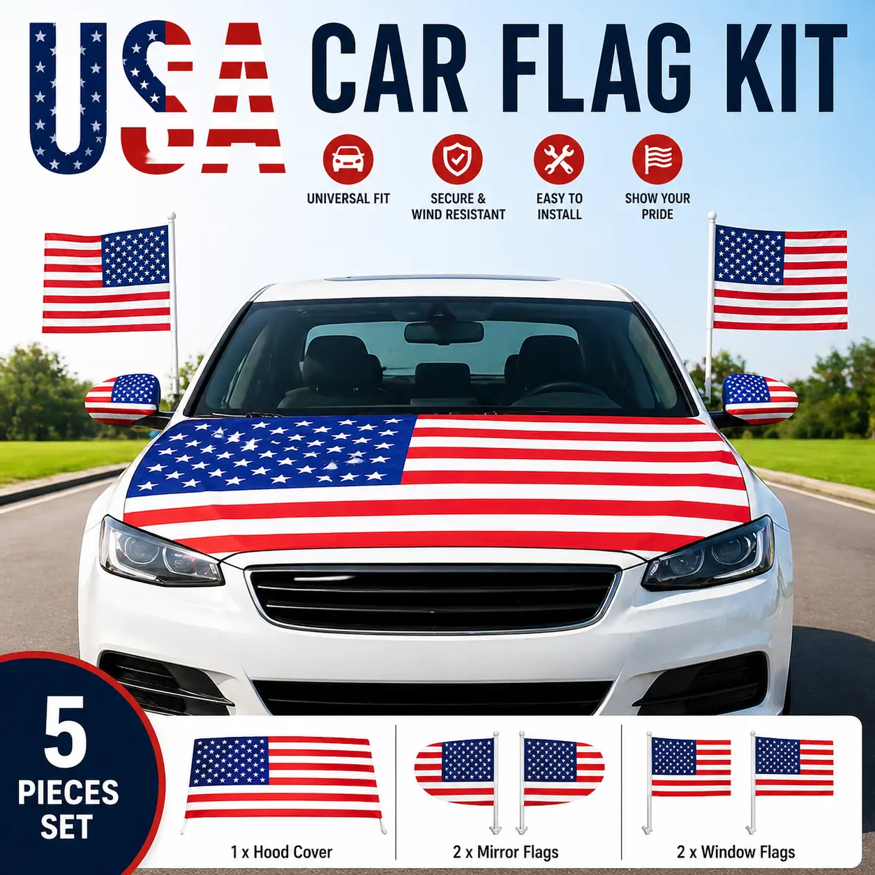 American Flag Car Kit – 5 Pieces Set: Hood Cover, 2 Mirror Flags, 2 Window Flags | Independence Day Car Decoration | Universal Fit & Wind Resistant Car Accessories Automotive Vehicle Accessory banners 4th of july banner