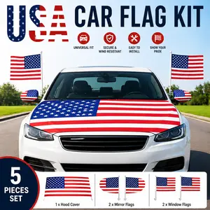 American Flag Car Kit – 5 Pieces Set: Hood Cover, 2 Mirror Flags, 2 Window Flags | Independence Day Car Decoration | Universal Fit & Wind Resistant