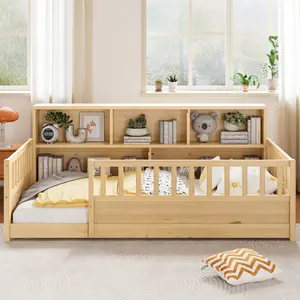 Twin Size Floor Bed with Bookcase Sideboard and fence-style guardrail, Wooden Twin Size Platform Storage Bed Frame
