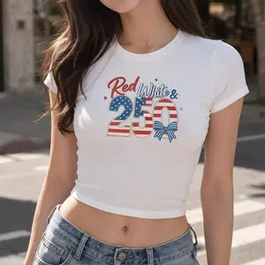 America 250th Anniversary Baby Tee, Red White & 250 Coquette Bow Shirt, Y2K Patriotic 4th of July Crop Top for Women
