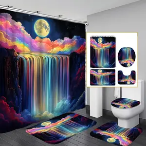 1PC/4PCS 2D Flat Iridescent Waterfall Night Pattern Multicolored Background Shower Curtain, Modern Personalized Home Bathroom Art Decor, Shower Curtain Set with 12 Hooks, Bathroom Non-Slip Mat, U-shaped Non-Slip Mat, Toilet Seat Cover