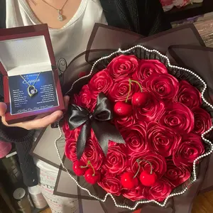 Cherry bouquet with love message card and 18k yellow gold heart necklace for wife. rose eternal bouquet