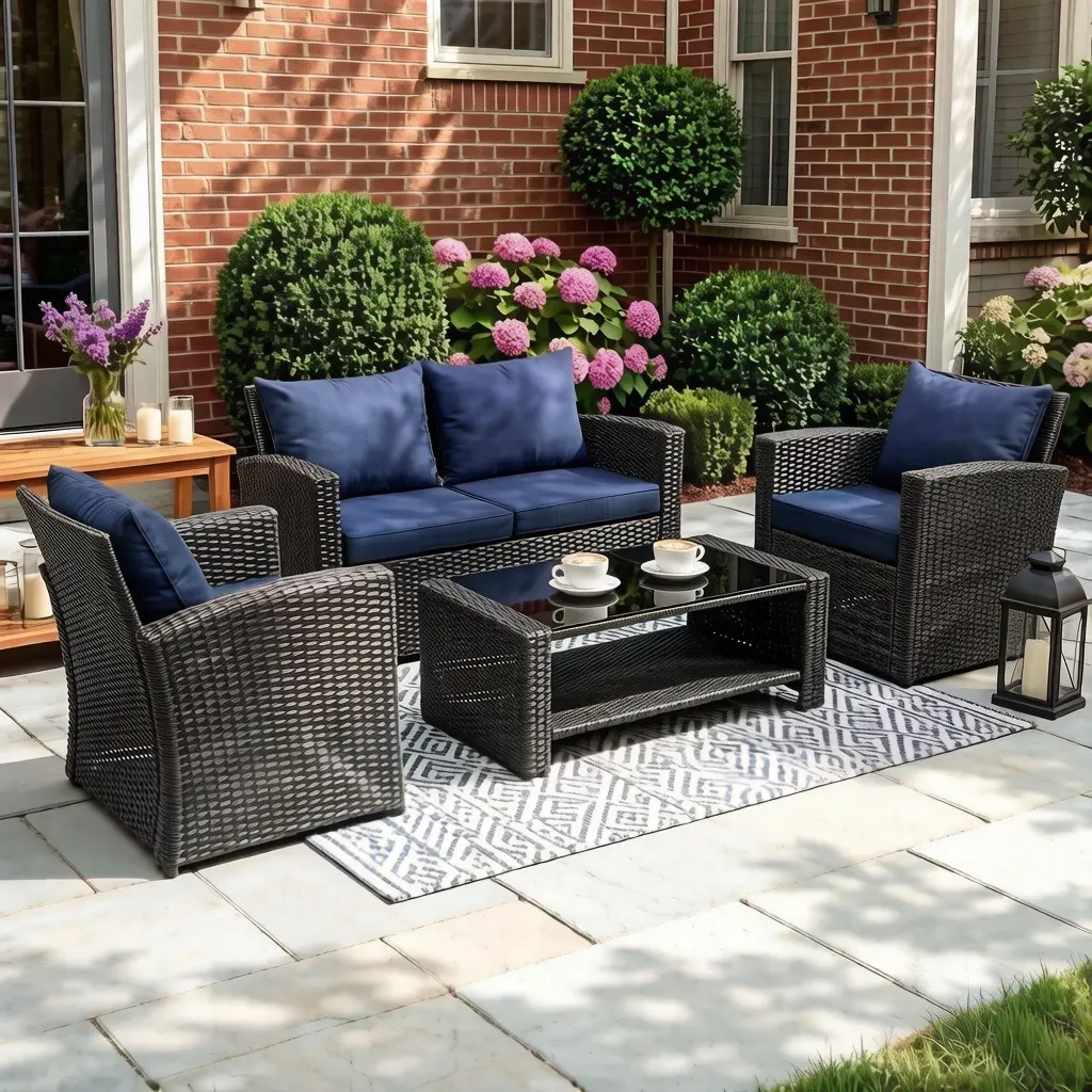 Gasee Steel & Rattan 4-Piece 4-Seat Outdoor Furniture Set, Patio Sectional Furniture Set, Tight Weave, Waterproof Thick Cushions (Gray/Blue), Requires Assembly
