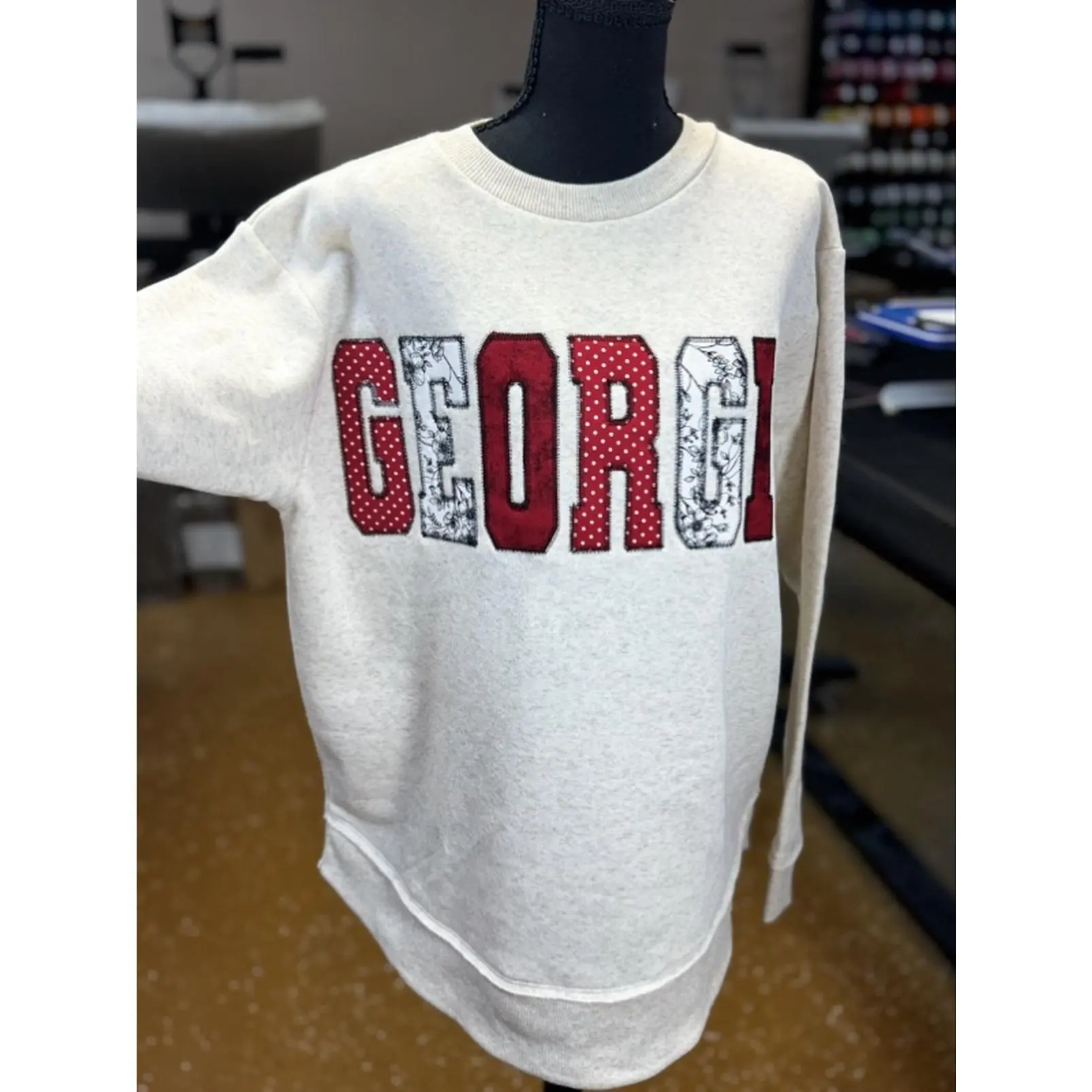 LAT Sweatshirt Appliqué Embroidered with Bold "GEORGIA" Design in Red and White