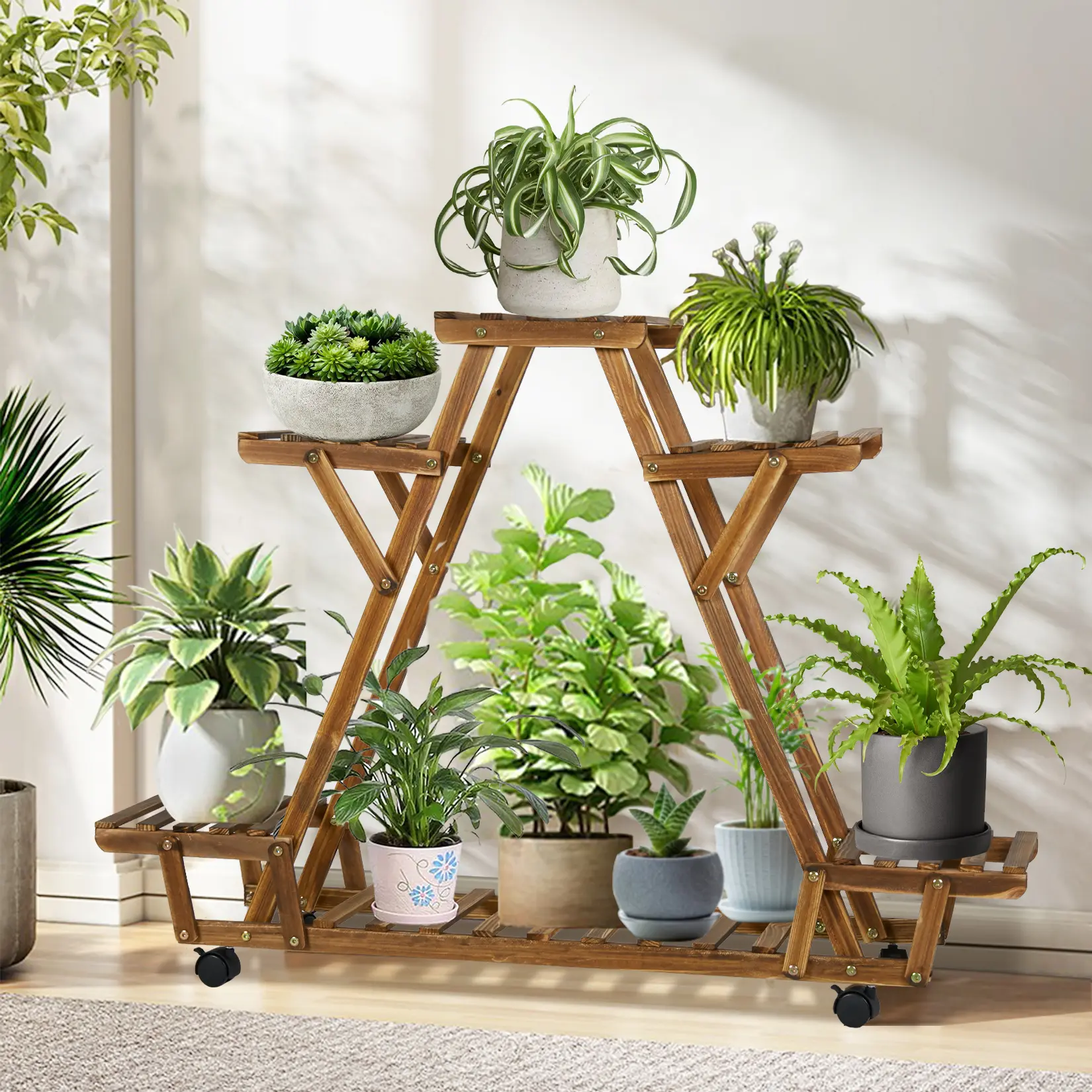 6-Tier Carbonized Wood Rolling Plant Stand with Upgraded Wheels, Bonsai Rack & Bonsai Accessories, Garden Display Storage Shelf for Outdoor Use