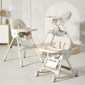 Multi-functional High Chair for Children with Dual Modes—Rocking Chair Mode and Low Position Mode, Five-Point Safety Harness, Double Tray with Toy Bar, Perfect Christmas Gift, Dual Removable Trays, Travel-Foldable High Chair portable design silla Baby bed