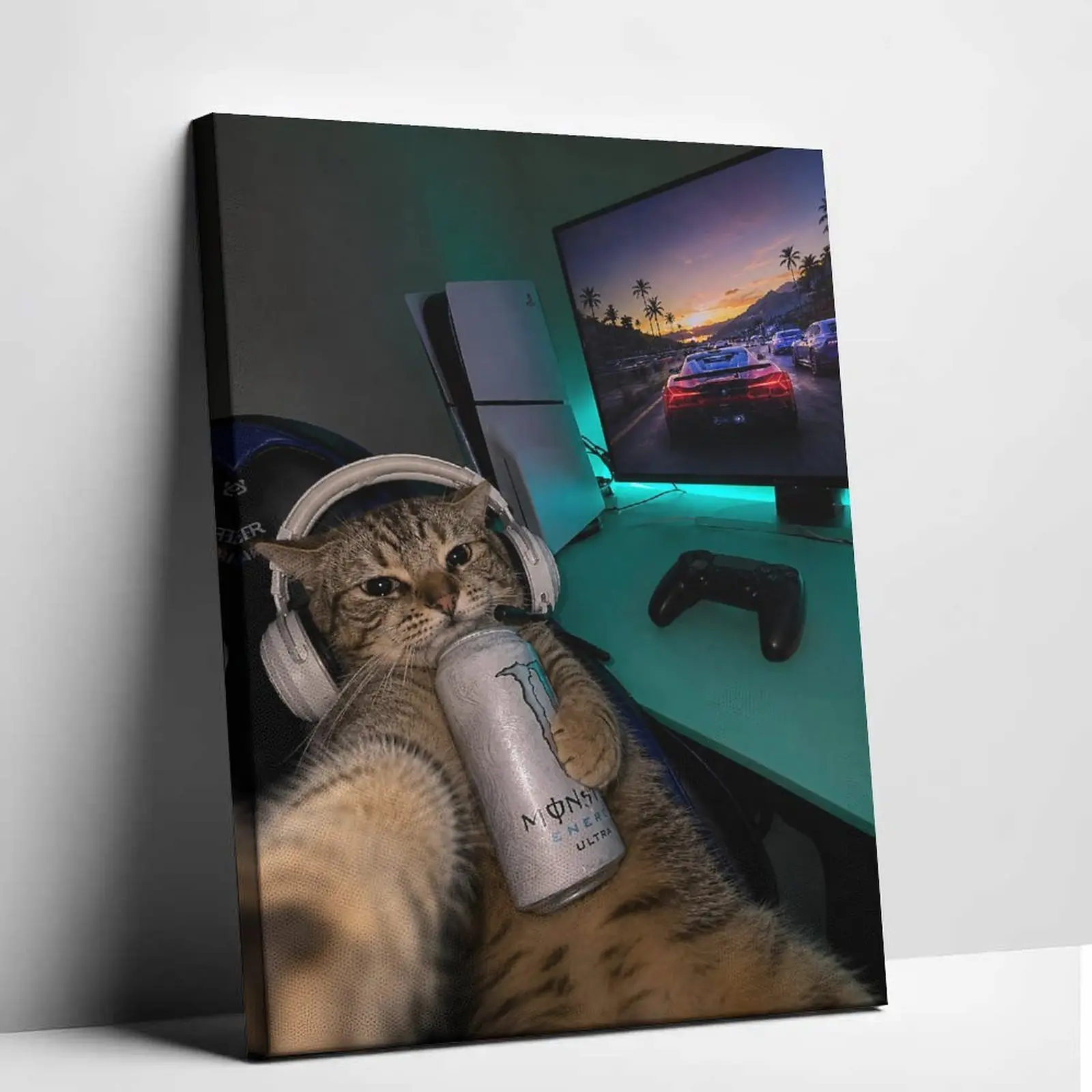 Funny Gamer Cat Monster Energy Drink Canvas Wall Art Cute Gaming Room Decor Cat with Headphone Poster Racing Game Setup Wall Hanging Living Room Bedroom Apartment Home Decoration Unique Birthday Gift for Gamers