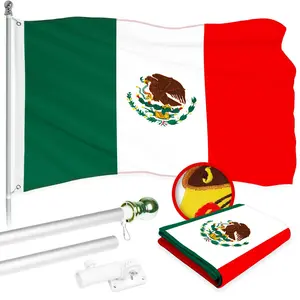 G128 Combo Pack: 6 Ft Tangle Free Aluminum Spinning Flagpole (Silver) & Mexico Mexican Flag 3x5 Ft, ToughWeave Series Embroidered 300D Polyester | Pole with Flag Included