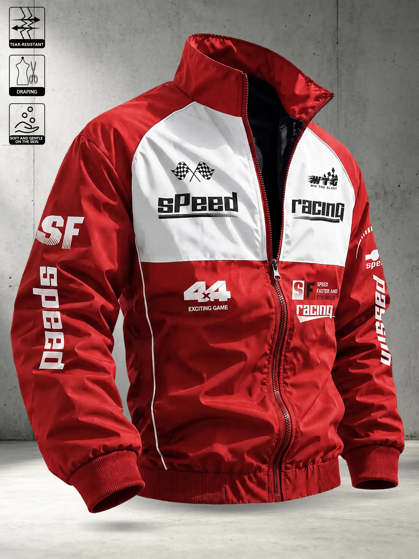 Men’s red-and-white colorblock stand-collar racing jacket with motorcycle-inspired letter prints, ribbed cuffs at the hem and sleeve openings, full zip front closure, woven fabric, streetwear riding trend long-sleeve outerwear