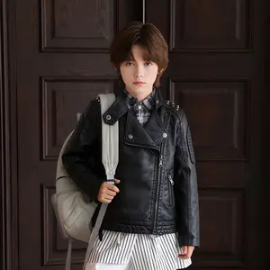 Boys' Leather Biker Jacket, Kids' Turn-Down Collar Coat with 3D Panel Quilted Sleeves and Metal Zipper, Kids Fashion