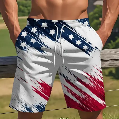American Flag Pattern Men's Casual Shorts, Summer Beach Sports Quick-Dry Five-Quarter Pants, Slim-Fitting Graphic Print Bottoms, Athletic Shorts Casual