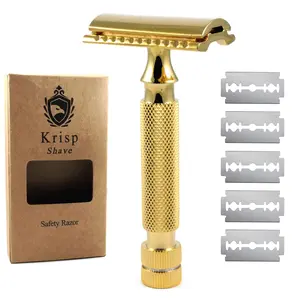 Krisp Beauty Stainless Steel (3.5" inch) Long Safety Razor for Men - Double Edge Shaving Razor - Fits All Double Edge Razor Blades - Comes With 5 Shaving Blades Provides Bump Free Wet Shave Smooth Durable Shaver Comfort