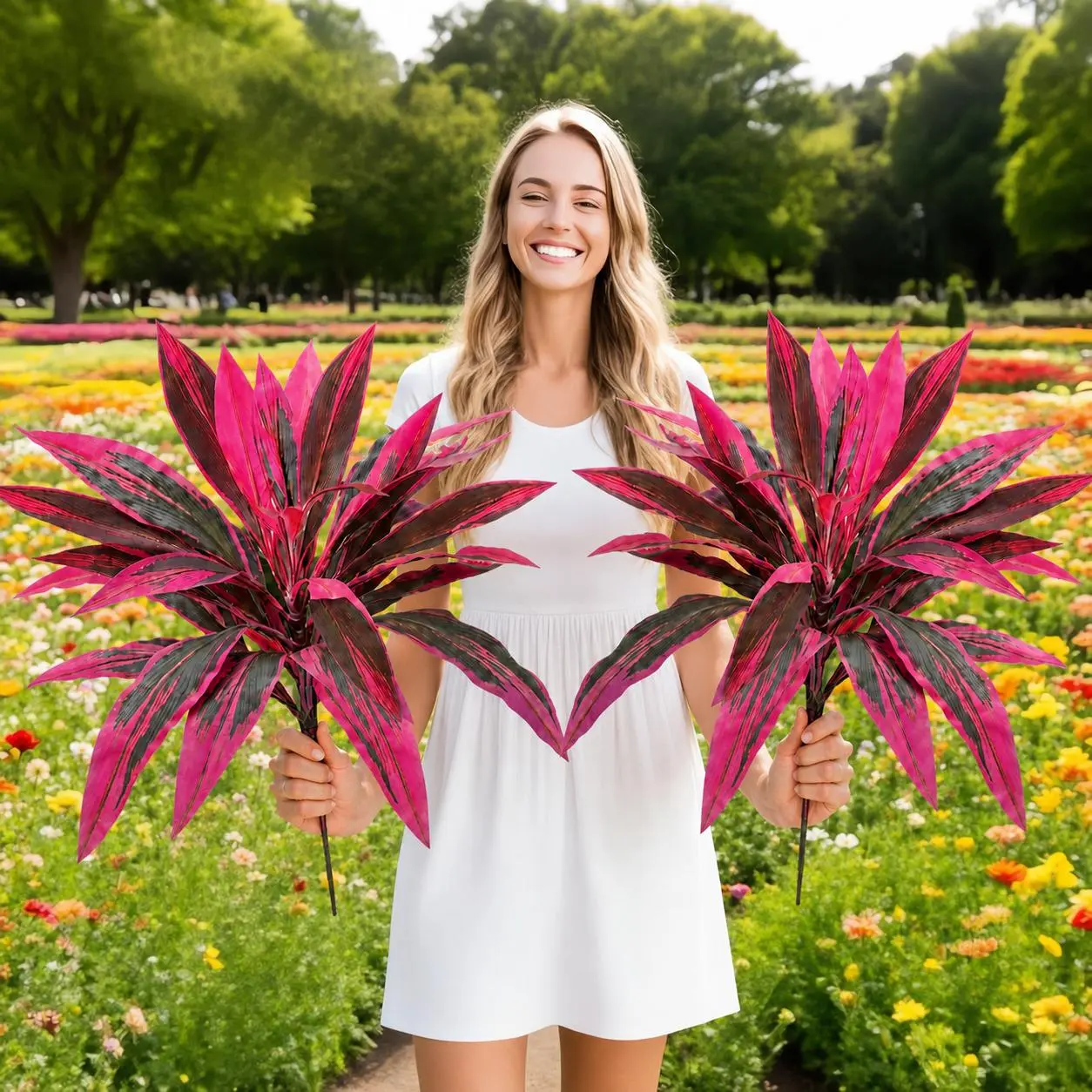 2pcs (Buy 1 Get 1 Free) Photorealism Artificial Pink Tropical Cordyline Plant, Variegated Pink-Green Leaves, Low-Maintenance Decorative Indoor Outdoor Patio Decor for Daily Home Living Room Use