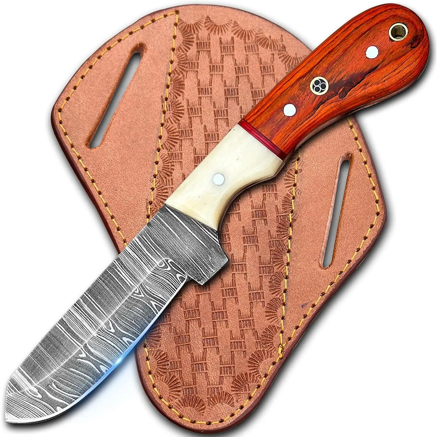 Cowboy Knives with Leather Sheath - 8" Sharp Handmade Damascus Bull Cutter Knife - EDC Fixed Blade Hunting Knife for Skinning, Camping, Bushcrafting and Outdoor Activities, orrange