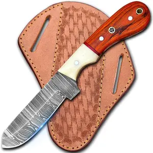 Cowboy Knives with Leather Sheath - 8" Sharp Handmade Damascus Bull Cutter Knife - EDC Fixed Blade Hunting Knife for Skinning, Camping, Bushcrafting and Outdoor Activities, orrange