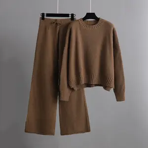 Women's Knitted Set  Knitting Suit High Collar Sweater Long Pant Suits