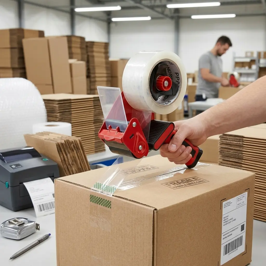 lightweight Handheld Packing Tape Dispenser Gun with 2"Safety Blade Protection Guard & Adjustable Tension Control Knob – Heavy Duty Shipping and Box Sealing Tool – Ergonomic Grip
