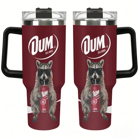 Funny Raccoon Drinking UUM 40oz Tumbler with Handle, Cool Trash Panda in Sunglasses Insulated Stainless Steel Mug, Maroon Soda Lover Gift, Vacuum Travel Cup with Straw Lid, Gift for Raccoon Fans