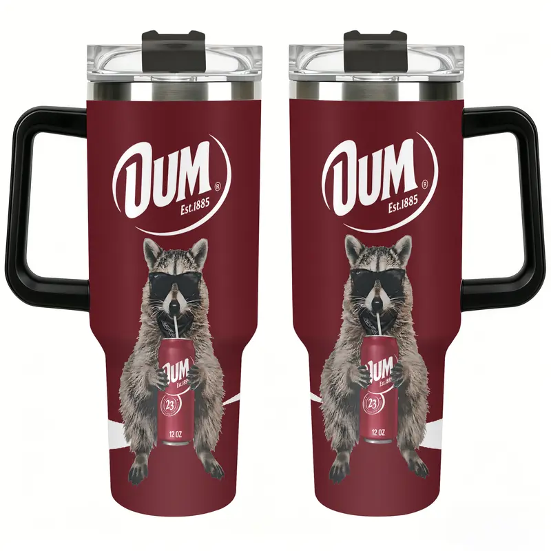Funny Raccoon Drinking UUM 40oz Tumbler with Handle, Cool Trash Panda in Sunglasses Insulated Stainless Steel Mug, Maroon Soda Lover Gift, Vacuum Travel Cup with Straw Lid, Gift for Raccoon Fans
