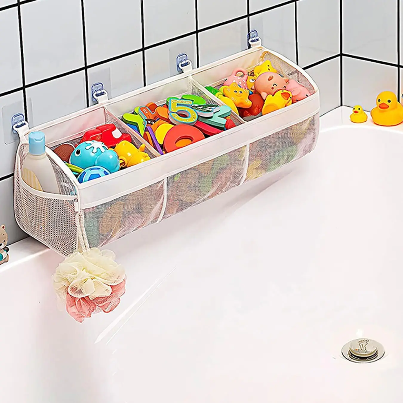 Bath Toy Storage Organizer for Tub, 3 Compartment Mesh Holder, Quick-Drying, Strong Hooks, Bathroom Toy Storage for Kids, Toddlers, Babies, Organized Storage