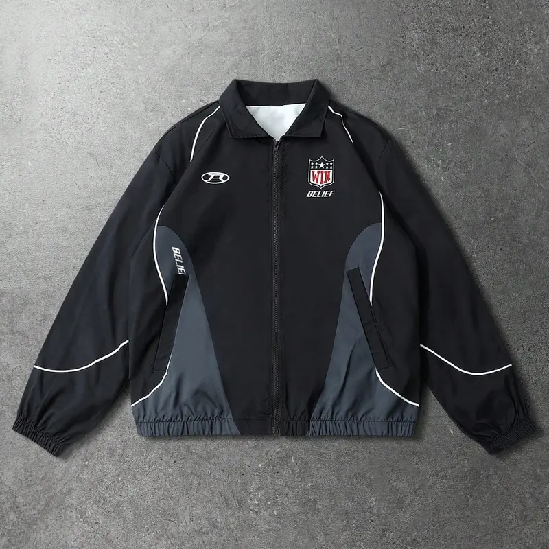 Men‘s Lightweight Windbreaker Zip Front Jacket with Motivational “WIN BELIEF” Logo, Breathable Track Jacket, Casual Athletic Jacket for Outdoor Sports and Casual Streetwear, Athletic Outerwear