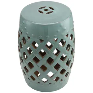 13" x 18" Ceramic Garden Stool with Woven Lattice Design & Glazed Strong Materials. Versatile Indoor/Outdoor Stool. 300 lbs Capacity. Antique Blue