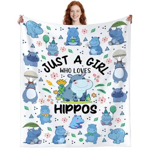 Cute Hippo Blanket, Animal Blankets, Slogan Print Blanket, Cartoon Pattern Blanket, Gift for Women Men Boys Girls, Cartoon Hippo Plush Toy Lightweight Throw Blanket, Adult Hippo Lover Present, Cute Blanket