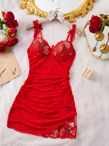 Women's Sheer Lace Sleeveless Rose Embroidery Nightgown, Floral Lace Sleepwear, Fashionable Home Sleepwear, Sexy Style, Includes T-Shirt Pants