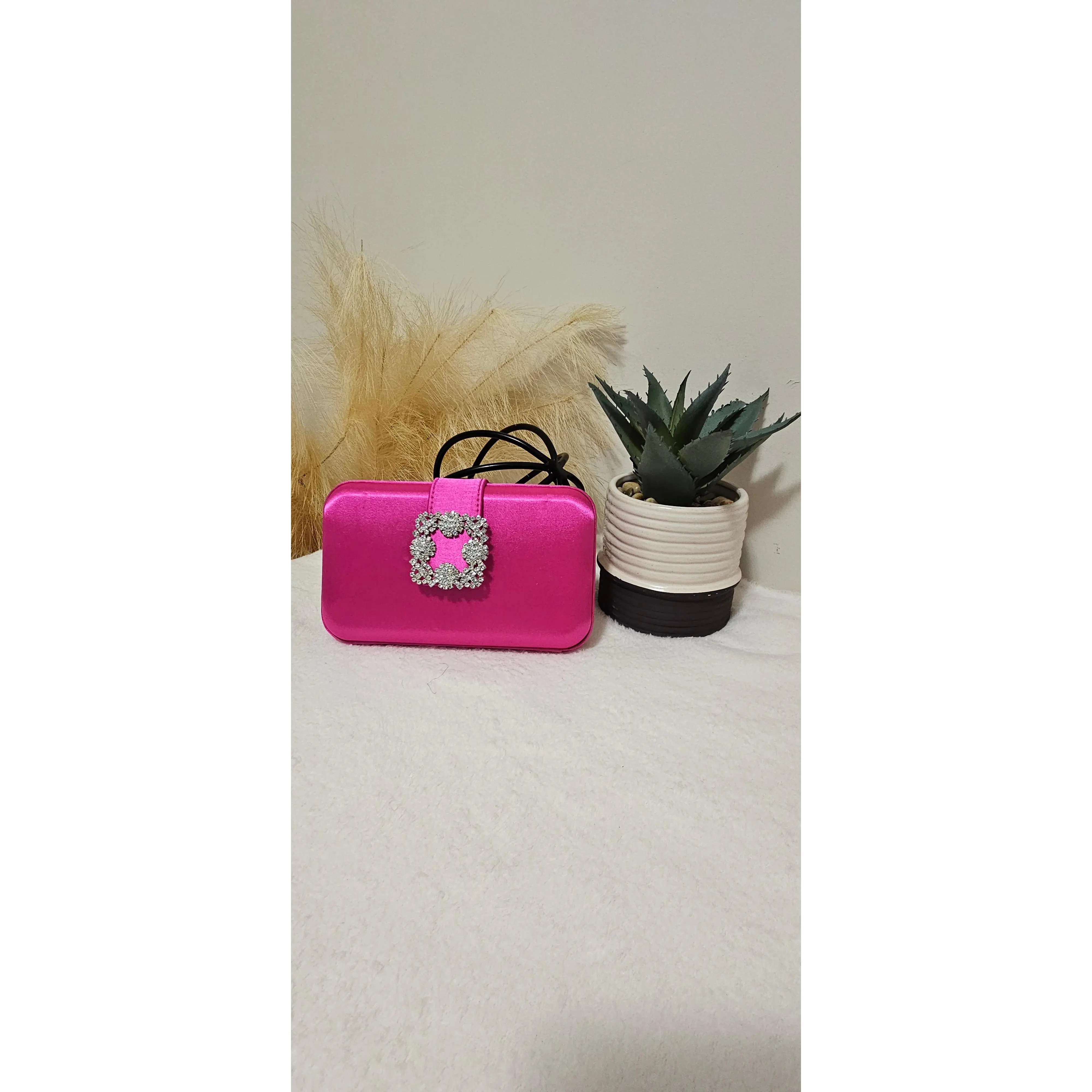 SATIN DAZZLE CLUTCH - FUCHSIA, Satin Material, Y2K Style, Clutch Bag with Sparkling Detail