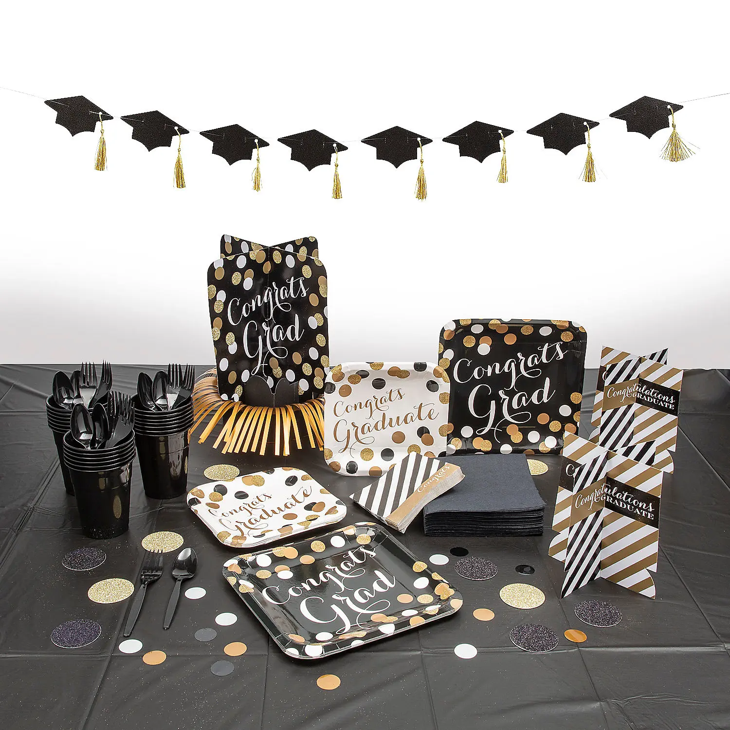 Disposable Graduation Party Tableware Set for 8 Guests, 143-Pc Black & Gold Kit with Plates, Forks, Spoons, 54" x 108" Tablecloth, Elegant Decorations
